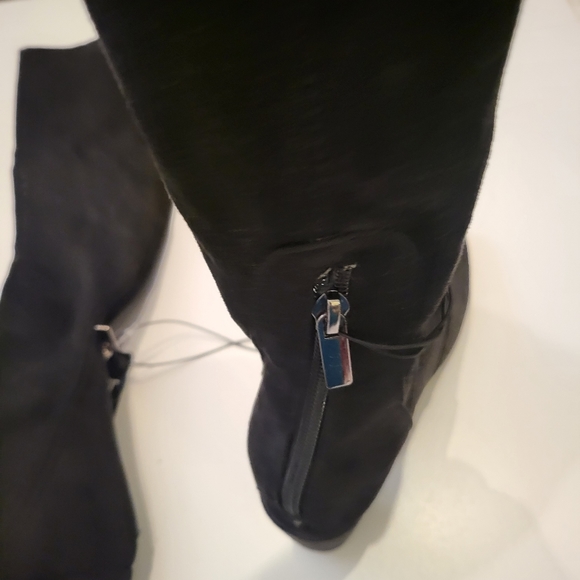 KNEE HIGH BOOTS - black heels stuart weitzman like silver zip back Sz 6 - Picture 2 of 7
